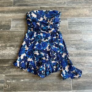 Floral Strapless Dress in Blue and Cream